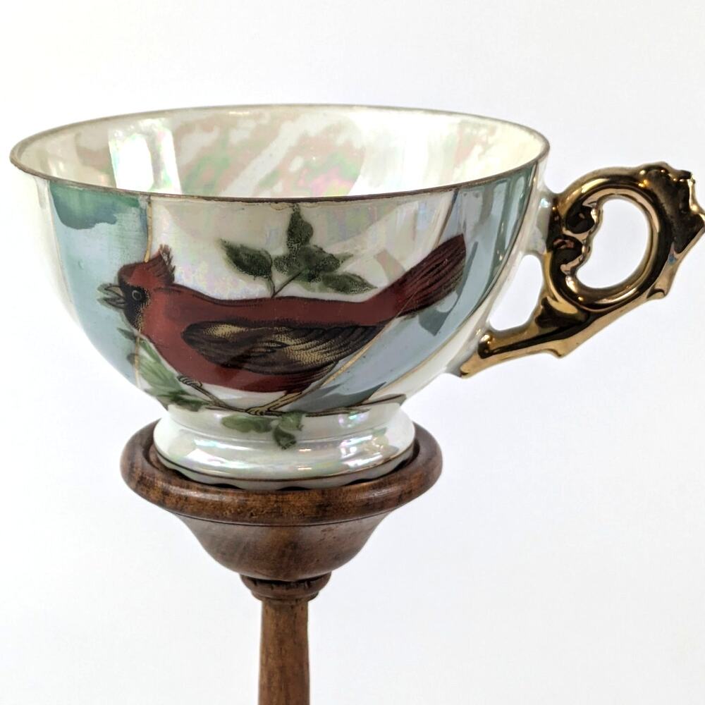 Red Cardinal Lusterware Teacup Japan Gold White Blue Pinwheel Bone China Gift